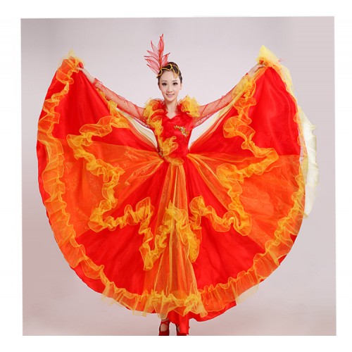 Hot pink red dance costume flamenco Spanish bull dance dress expansion skirts stage costumes